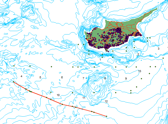 Ακολούθως έγινε δημιουργία layers για όλα τα στοιχεία τα οποία χρησιμοποιήθηκαν: Ακτογραμμή Κύπρου Βυθομετρικές Καμπύλες Οικισμοί Πρωτεύον Οδικό Δίκτυο Μέση