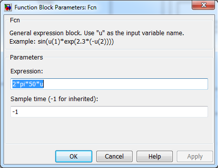 Εικόνα 5-9 Παράθυρο παραμέτρων Καθορίστε τη μαθηματική συνάρτηση (Expression) που ισχύει για την είσοδο του μπλοκ. Η συνάρτηση θα πρέπει να είναι μαθηματικά σωστή και άρτια σχηματισμένη.