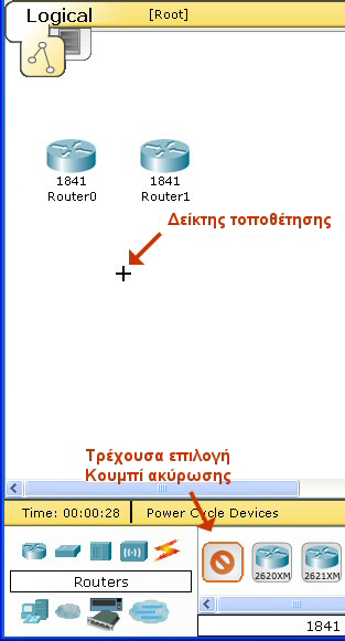 ΕΙΣΑΓΩΓΗ ΣΤΟ PACKET TRACER Για τη γρήγορη τοποθέτηση πολλών συσκευών του ίδιου μοντέλου, ο χρήστης κρατάει πατάει το πλήκτρο Ctrl, κάνει κλικ στη συσκευή στην περιοχή επιλογής συγκεκριμένης συσκευής