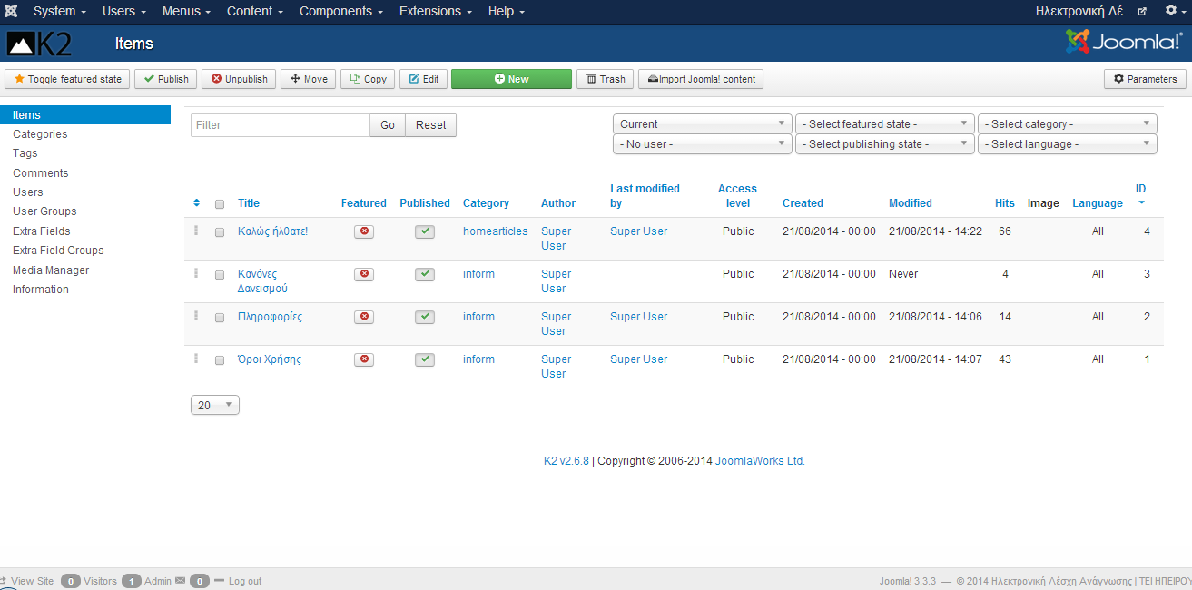 Κ2 Η επζκταςθ Κ2 είναι μία επζκταςθ θ οποία διαχειρίηεται άρκρα και κατθγορίεσ, όπωσ μπορεί να γίνει και από το Article Manager τθσ Joomla.