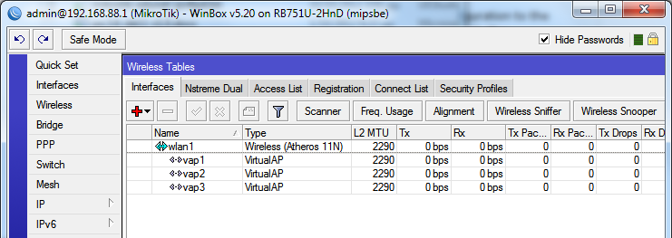 Στο μενού wireless μπορούμε να δούμε τα τρία virtual interfaces, τα οποία αντιστοιχούν σε virtual