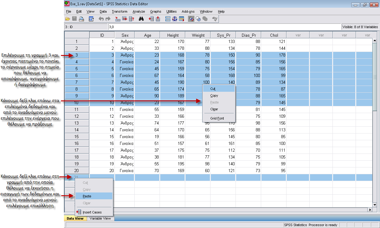 Δεξί κλικ στη γραμμή από την οποία θα ξεκινήσει, εάν δεν έχει επιλεχτεί διαγραφή, η επικόλληση της περίπτωσης ή των περιπτώσεων. Από το αναδυόμενο μενού επιλογή επικόλληση (paste).