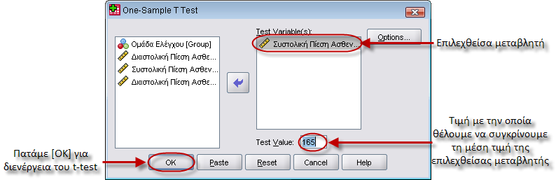 Η διαδικασία έχει ως εξής: Επιλογή από τη γραμμή μενού του [Analyze Compare Means One Sample T Test ], οπότε και αναδύεται το παρακάτω παράθυρο διαλόγου (βλ. Εικόνα 7.