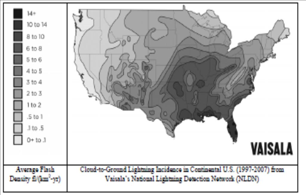 Σχήμα 2.4: Χάρτης GFD 1997-2007 Ηνωμένες Πολιτείες Αμερικής[VAISALA,National Lightning Detection Network] [IEEE Std 1410 2010].