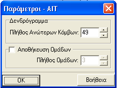 Εικόνα Α.42: Ανιούσα Ιεραρχική Ταξινόµηση - Παράµετροι Στις παραµέτρους τις µεθόδου περιλαµβάνονται: 1. Το Πλήθος των Ανώτερων Κόµβων που θα εµφανιστούν στο δενδρόγραµµα της Ταξινόµησης.