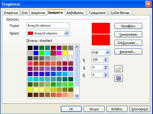 Μορφή-> Επιφάνεια Επιλέξτε μία από τις επιλογές που περιλαμβάνει το παράθυρο διαλόγου Επιφάνεια: χρώματα, διαβαθμίσεις, γραμμοσκιά, σχέδια bitmap για να καταλήξετε στο επιθυμητό φόντο Κάντε την