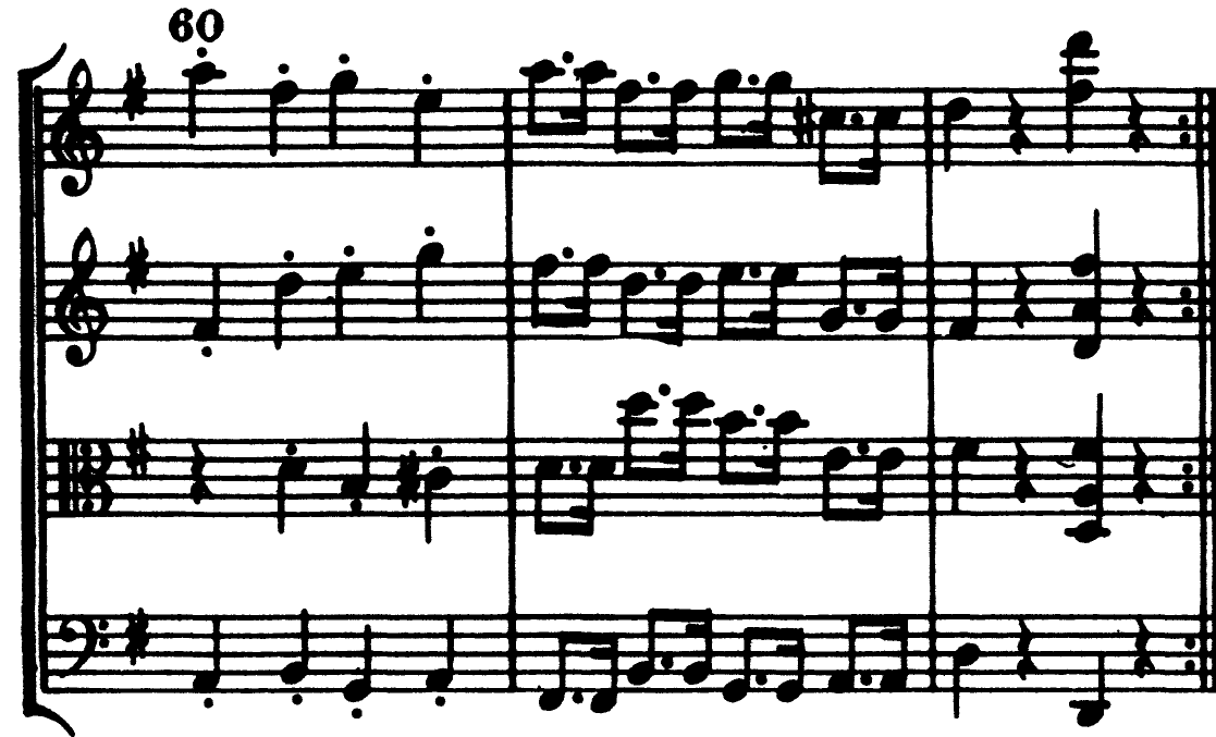 Ακολουθεί ένα µέρος στο οποίο το πρώτο βιολί παίζει πρωταγωνιστικό ρόλο µε δεξιοτεχνικά περάσµατα τριήχων (µέτρα 46-54).