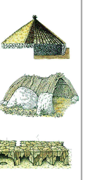 Δύο είδη μνημειακών οικοδομημάτων: θολωτές κατασκευές με πέτρες που στηρίζονται η μία επάνω στην άλλη, χωρίς