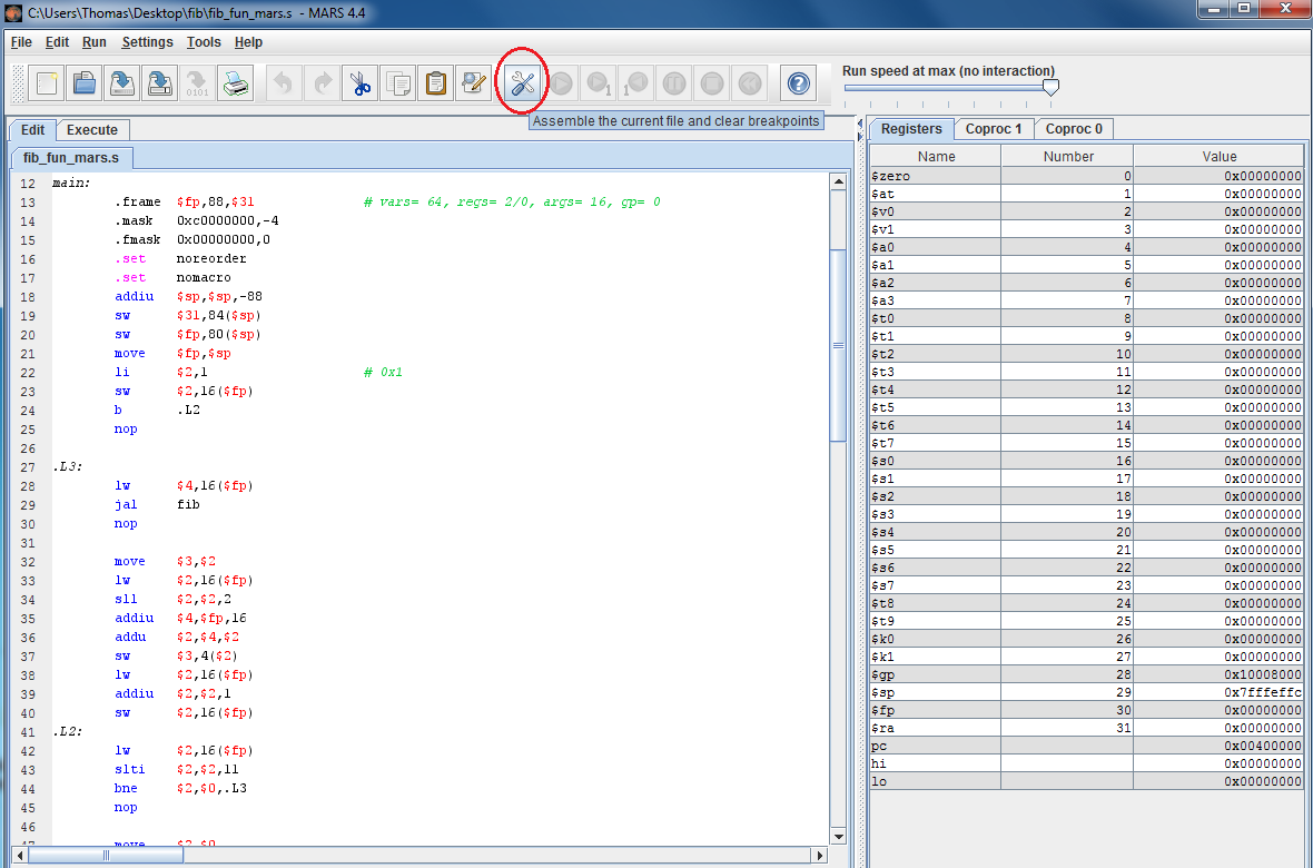80 Κεφάλαιο 6: Χρήση του προσομοιωτή και αποτελέσματα 6.3 Σύνδεση με Compiler/Assembler Όπως αναφέρθηκε, εάν επιθυμούμε να γράψουμε κώδικα assembly χρησιμοποιούμε τον assembler του MARS.