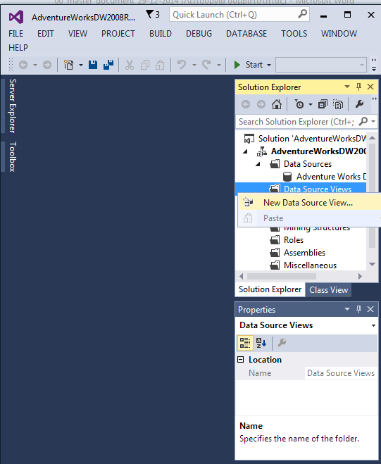 12. Στο Data Sources του AdventureWorksDW2008R2 βλέπουμε ότι έχει δημιουργηθεί το AdventureWorksDW2008R2 source.ds.
