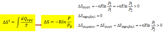 Ελεύθερη εκτόνωση αερίου (2) ΛΥΣΗ Q=W=0=ΔU Για ιδανικό αέριο ΔΤ=0 Μη αντιστρεπτή διεργασία: Υποθέτοντας οποιαδήποτε