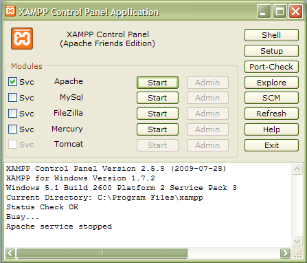 Εικόνα 4: XAMPP control Panel Οταν ξεκινήστε τους servers θα πρέπει να δώσετε password στο λογαριασμό root. Μπείτε στο http://localhost, επιλέξετε Security στα αριστερά του παραθύρου.