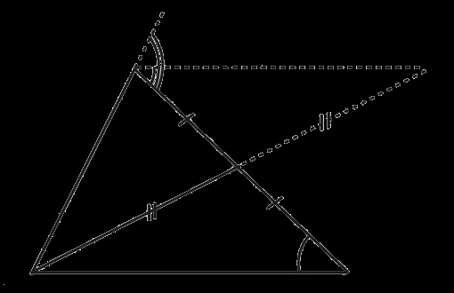 πόδειξη Έστω τρίγωνο. Φέρουμε τη διάμεσο Δ (σχ.47) και στην προέκτασή της, προς το Δ, θεωρούμε σημείο Ε, ώστε ΔΕ = Δ. Επειδή το Ε βρίσκεται στο εσωτερικό της γωνίας x έχουμε Ε < x = εξ.