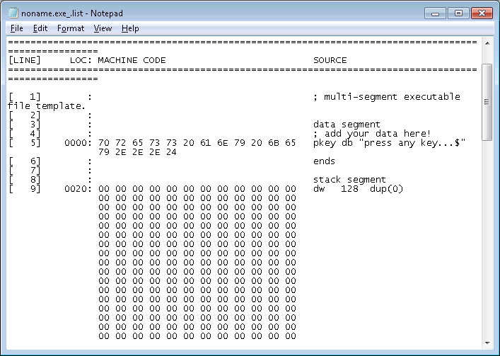 Παράδειγμα διευθυνσιοδότησης μνήμης στο x86 Στο listing στη γραμμή 5 του πηγαίου κώδικα ορίζονται κάποια δεδομένα. Αυτά τοποθετούνται στη μνήμη ξεκινώντας από τη διεύθυνση 00.