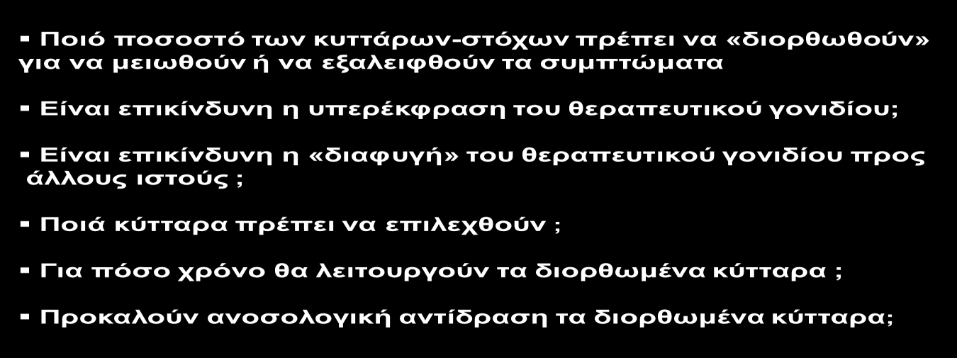 Η προηγηθείσα προσέγγιση αφορά καθαρά τη γονιδιακή θεραπεία σωματικών κυττάρων τα οποία δεν μεταβιβάζουν γενετική πληροφορία στην επόμενη γενιά.