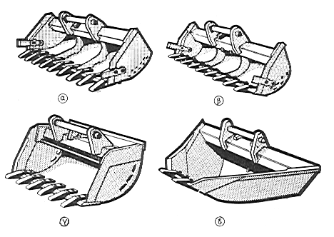 Σχήμα 8.17 Σκαπτικό συνεχούς εργασίας (μηχανή Lincol). Σχήμα 8.18 Εκσκαφέας με κάδο drag line. Σχήμα 8.19 Κάδοι διαφόρων τύπων. α) Κάδος για πλατιές τάφρους. β) Κάδος για στενές τάφρους.