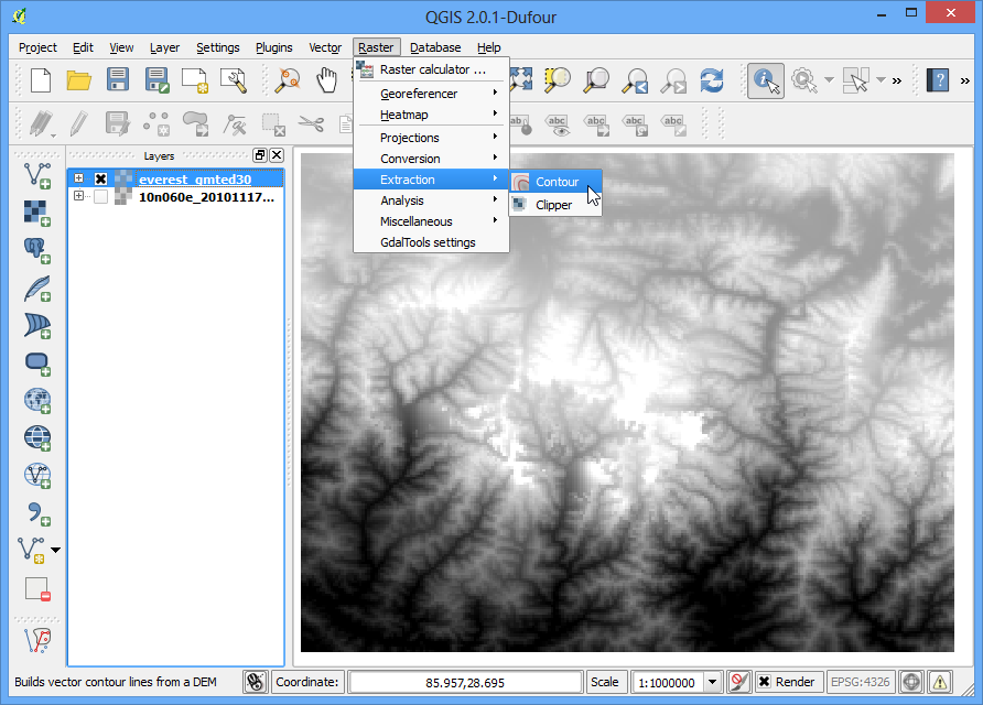 14. Στο παράθυρο διαλόγου Contour,επιλέξτε everest_gmted30 ως Input file.ονομάστε το Output file for contour lines ως everest_countours.shp.θα δημιουργήσουμε ισοϋψείς καμπύλες για διάστημα 100μ.