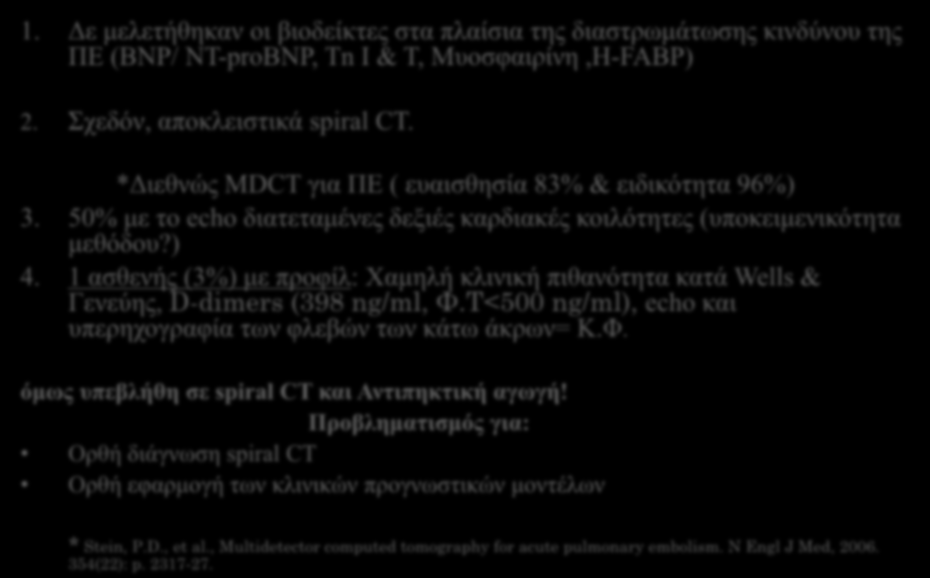 ΥΟΛΙΑ 1. Γε κειεηήζεθαλ νη βηνδείθηεο ζηα πιαίζηα ηεο δηαζηξσκάησζεο θηλδύλνπ ηεο ΠΔ (BNP/ NT-proBNP, Tn I & T, Μπνζθαηξίλε,H-FABP) 2. Σρεδόλ, απνθιεηζηηθά spiral CT.