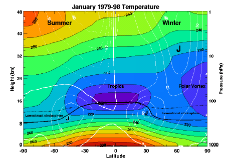 Lower stratosphere: Temperature minimum at the equator and maxima at the summer Pole and in mid-latitudes