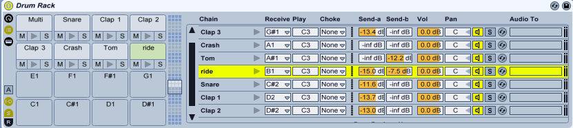 ονομάςουμε Delay (Κακυςτζρθςθ) και τθν δεφτερθ Reverb (Αντιχθςθ). Από το Audio To κα ςτείλουμε τθν κάκε chain ςτα tracks return A και return B του Live Set μασ.