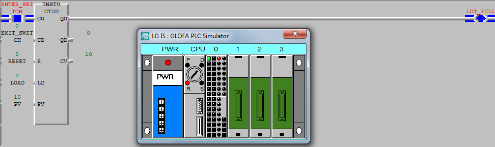 1 ο Βήμα. Γυρίζουμε το PLC Simulator σε λειτουργία RUN και ενεργοποιώντας την 1 η επαφή, στο CV βλέπουμε ότι αυξάνεται ο αριθμός (μπήκαν 5 αυτοκίνητα στο χώρο). Εικόνα 5.