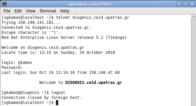 Εικόνα 5 - ύνδεζη ηοπικά ζηην γραμμή ενηολών ηοσ Fedora 13 Εικόνα 6 - Απομακρσζμένη ζύνδεζη μέζω telnet ζε ένα Η/Τ με λειηοσργικό ζύζηημα Unix Ωζηόζν γηα ηελ απνκαθξπζκέλε ζύλδεζε ζε έλαλ Η/Υ κε