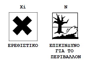 Ένδειξη Φράσεις πιθανού κινδύνου Φράσεις προληπτικών μέτρων Κίνδυνος H303 + H313 H319 H412 P102 P270 P273 P280 Μπορεί να είναι επιβλαβές σε περίπτωση κατάποσης ή σε επαφή με το δέρμα.