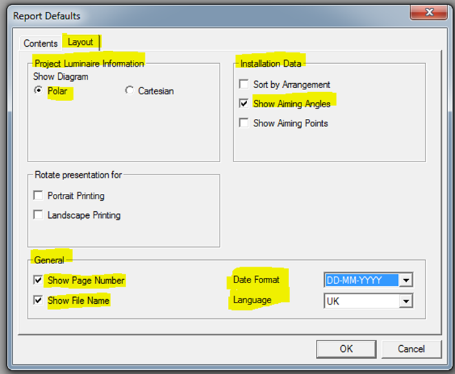 Επιλογή Options- Report Setup Defaults στο λογισμικό Calculux. Στην καρτέλα Layout, επιλέγουμε το πλαίσιο Project Luminaire Information - Show Diagram με την επιλογή Polar.