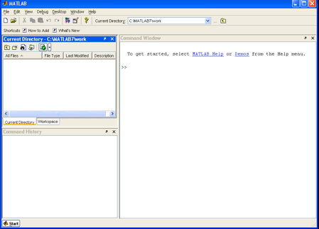 Γενικά εμφανίζονται τέσσερα παράθυρα: Εικ.3: Παράθυρο έναρξης του MATLAB 1) Το μεγάλο παράθυρο εντολών (Command Window) στα δεξιά.