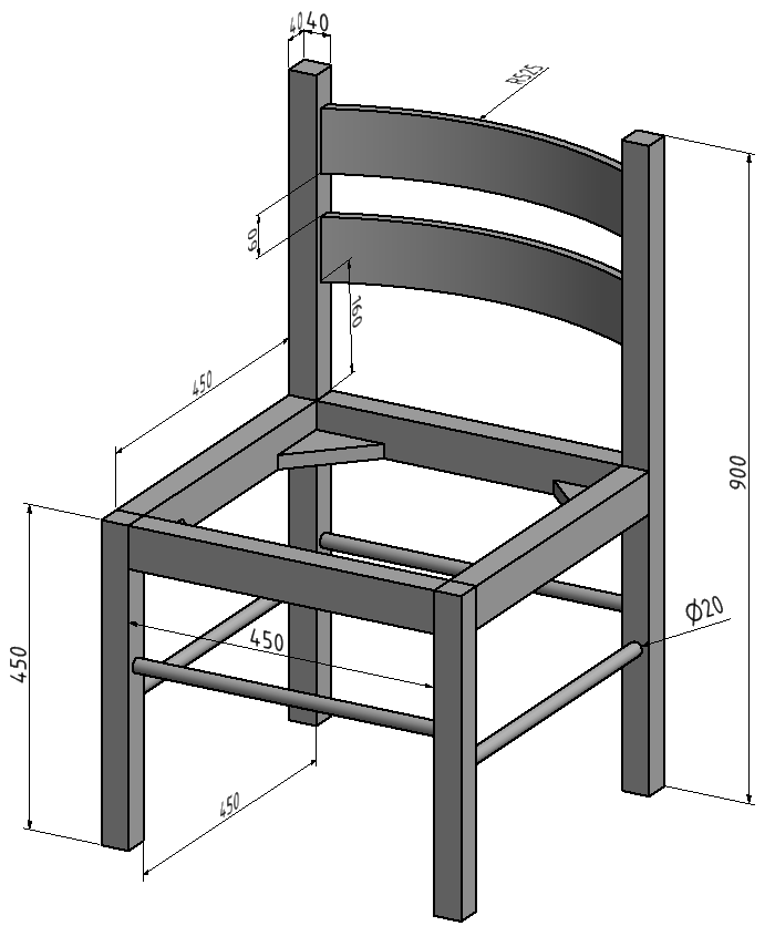 Εικόνα 9.30 Σχέδιο καρέκλας. Οι βασικές παραδοχές για την παραμετροποίηση της καρέκλας αφορούν τις συνολικές διαστάσεις των τμημάτων που την αποτελούν όπως και τη θέση αυτών στην κατασκευή.