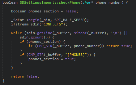 Εικόνα 4.14: Κώδικας μεθόδου checkphone updatesettings() Όπως έχει αναφερθεί σε προηγούμενο κεφάλαιο η κεντρική μονάδα διαθέτει και είσοδο για εξωτερική κάρτα μνήμης SD.