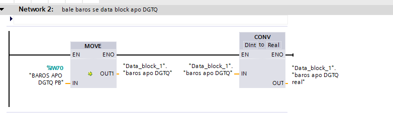 Network 2: Τοποθέτηση βάρους από το DGTQPB στο data_block_1 Με την εντολή move μεταφέρεται το περιεχόμενο της μεταβλητής που βρίσκεται στην αριστερή θέση, δηλαδή στο ΙΝ, στο περιεχόμενο αυτής που