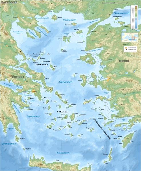 Σημεία ηοσ Αιγαίοσ πελάγοσς με μεγάλα βάθη: Η Λεκάμη ηης Ρόδοσ (4.452 m) πξρ βοίζκεηαι 90 Km μξηιξαμαηξλικά ηηπ Ρόδξρ.