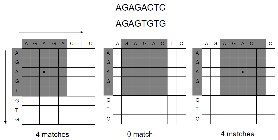 Μείωση θορύβου στα dot plots (1/2) Window: 5, Stringency: 3 Window size: Number of nucleotides compared