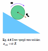 8. Ποια η σχέση της γραμμικής ταχύτητας vcm του κέντρου μάζας με τη γωνιακή ταχύτητα περιστροφής του τροχού (στην κύλιση χωρις ολίσθηση); Ας επανέλθουμε στην κύλιση του τροχού (σχ. 4.5).