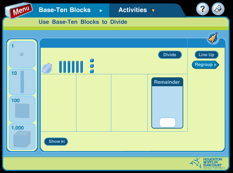 2. Εφαρμογίδια για αναπαράσταση διαίρεσης 2.1 Ιστοσελίδα http://wwwk6.thinkcentral.com/content/hsp/math/hspmath/na/common/itools_int_97805475849 97_/basetenblocks.