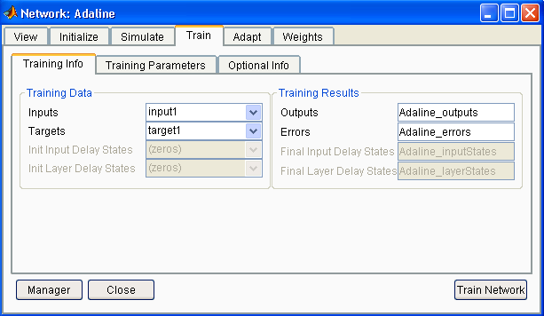 Εικόνα 5.52 Έπειτα µπορούµε να εκπαιδεύσουµε το δίκτυο. Όπως και στο perceptron στην καρτέλα Training info επιλέγουµε τα δεδοµένα εισόδου και των στόχων που δηµιουργήσαµε(εικόνα 5.18). Εικόνα 5.