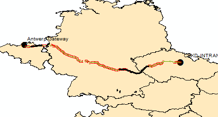 Εικόνα 42: Διαδρομή Αμβέρσα-Παρντουμπίτσα. Με μαύρο χρώμα φαίνονται τα τμήματα με μη ηλεκτροδοτούμενη σιδ. Γραμμή Η μέγιστη ταχύτητα που μπορεί να εξυπηρετήσει το δίκτυο είναι 140 χλμ.