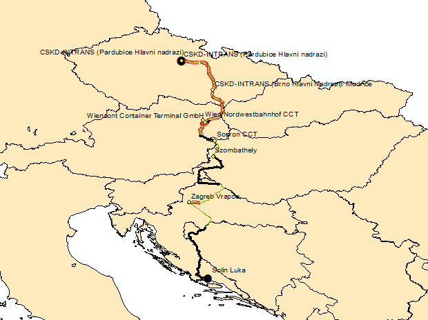 Εικόνα 48: Περιοχές με ηλεκτροδοτούμενη σιδηροδρομική γραμμή στο δίκτυο Σπλιτ-Pardubice Με μαύρο χρώμα στην Εικόνα 48 φαίνονται τα μέρη της διαδρομής στα οποία δεν υπάρχει ηλεκτροδότηση των σιδ.