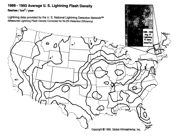 Σχήμα 4.2: Χάρτης GFD (ΗΠΑ) Συστήματα εντοπισμού κεραυνών, καθώς και δίκτυα μέτρησης κεραυνών έχουν τοποθετηθεί στη βόρεια Αμερική και σε άλλα μέρη του πλανήτη.