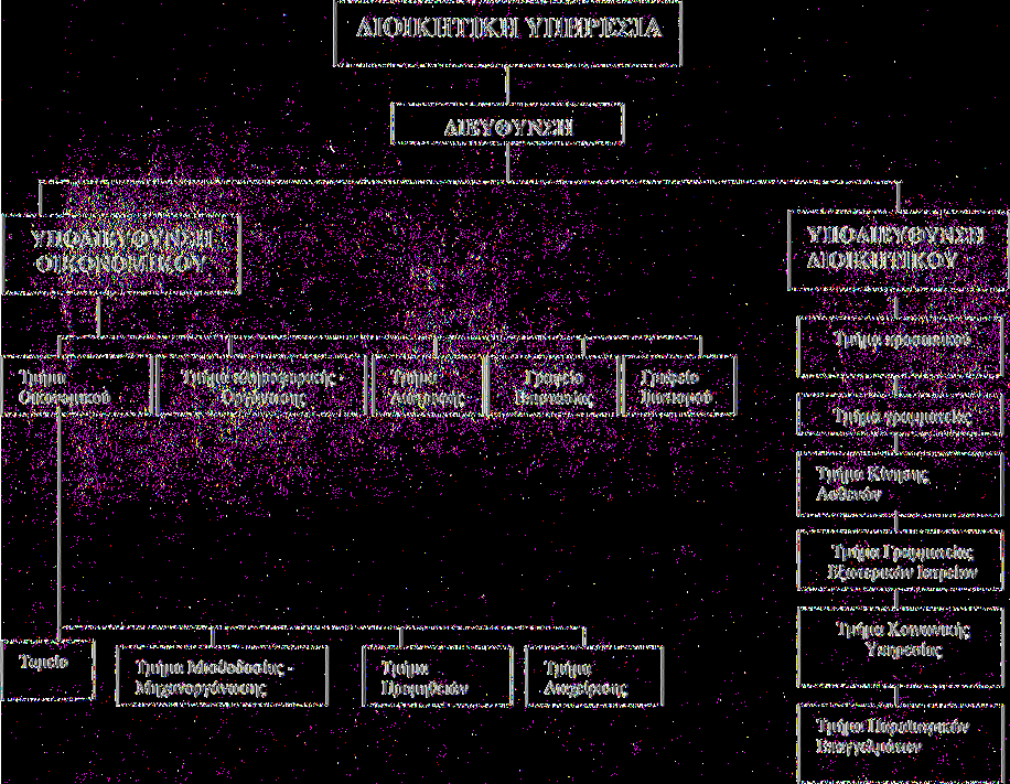 Η Υποδιεύθυνση Οικονοιιικού στα τιηίαατα: α) Οικονομικού β) Πληροφορικής - Οργάνωσης γ) Διατροφής Στα αυτοτελή γραφεία: α) Επιστασίας β) Ιματισμού Η