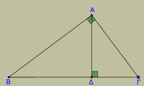 Πυθαγόρειο θεώρημα ΘΕΜΑ 2ο 2_19660. Στο διπλανό σχήμα, το τρίγωνο ΑΒΓ είναι ορθογώνιο και το ΑΔ είναι το ύψος του προς την πλευρά ΒΓ. α) Να αποδείξετε ότι τα τρίγωνα ΑΒΓ και ΑΔΓ είναι όμοια.