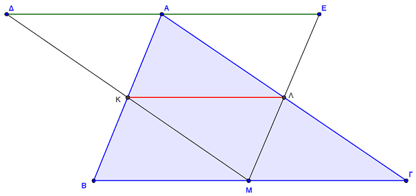 β) Αν το είναι το μέσο της πλευράς τότε: Το είναι παραλληλόγραμμο αφού / / / / 5. Το είναι παραλληλόγραμμο αφού / / / / επειδή το ενώνει τα μέσα δύο πλευρών του τριγώνου. Άρα. / / 6 Από 5, 6 / / / /.
