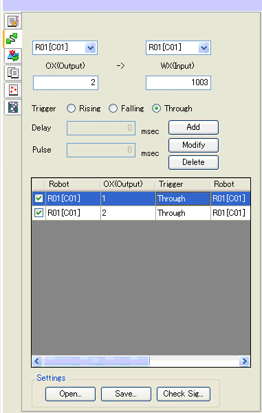 4.10 I/O Signal Connections / I / O συνδέσεις σήματων Είναι δυνατόν να συνδέσετε το σήμα εξόδου ενός ρομπότ (OX) με το σήμα εισόδου ενός άλλου ρομπότ (WX). Η διαδικασία περιγράφεται παρακάτω: 1.