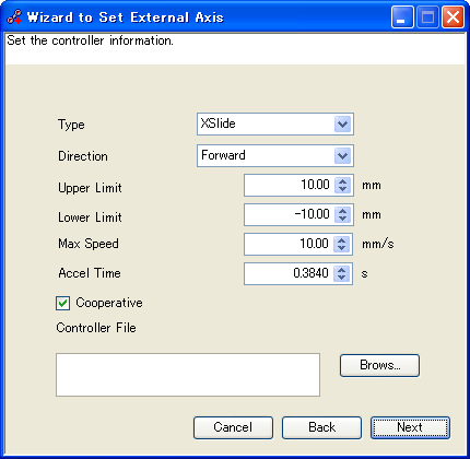 Controller settings (Ρυθμίσεις) Type (τύπος) Ρυθμίστε τον άξονα και πώς να κινηθούν. Direction (Κατεύθυνση ) Ρυθμίστε την κατεύθυνση με συν ή μείον.