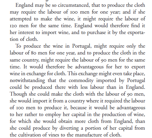 David Ricardo (1772-1823) Ακόμα και αν η Πορτογαλία είναι πιο παραγωγική από την Αγγλία στην παραγωγή και κρασιού και υφάσματος, πάλι τη συμφέρει να εξάγει κρασί και να εισάγει ύφασμα,