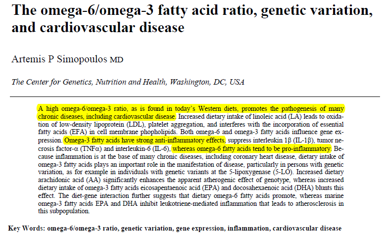 δίαιτα με μεγάλη αναλογία ω-6/ω-3 προωθεί την παθογένεση πολλών χρόνιων και καρδιαγγειακών ασθενειών Τα ω-3 λιπαρά οξέα έχουν ισχυρή αντιφλεγμονώδη δράση,