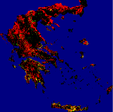 Εικόνα 89: Χάρτης επικινδυνότητας πυρκαγιών της Ελλάδος βάσει του FHI για το 2007 Στον χάρτη επικινδυνότητας αυτό του 2007 με βάση τον δείκτη FHI, έχουμε σημειώσει τις σημαντικότερες πυρκαγιές με