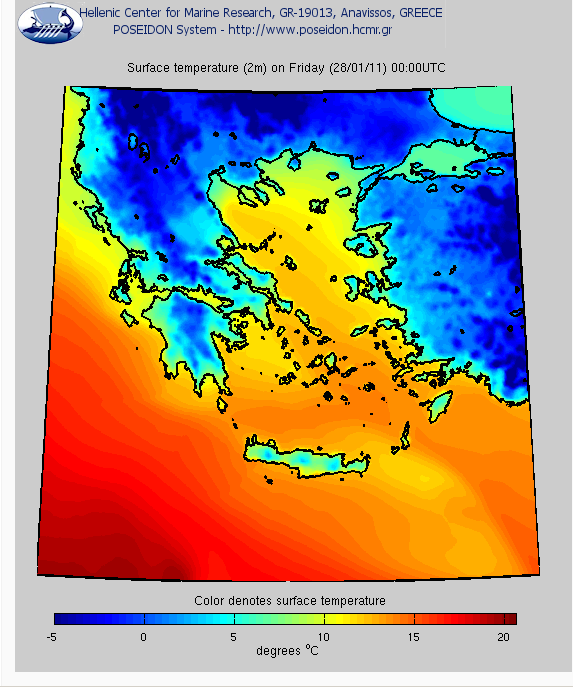 Εικόνα 11: Χάρτης πρόγνωσης θερμοκρασίας συστήματος Ποσειδών για τις 28/1/2010 Οι πληροφορίες