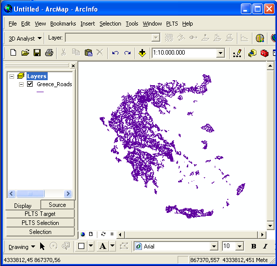Εικόνα 33: Ο χάρτης των δρόμων της Ελλάδας στο Arc Map Στην συνέχεια από τα εργαλεία του προγράμματος και ειδικότερα από την ομάδα των εργαλείων χωρικής ανάλυσης Spatial analysis tool επιλέγουμε αυτό